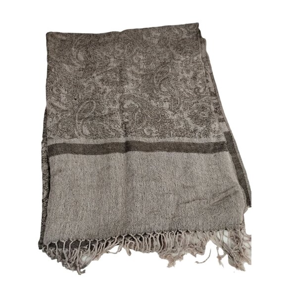 Womens Vintage Paisley Inspired Pashmina Scarf In Taupe and Brown With Fringe - Picture 2 of 4